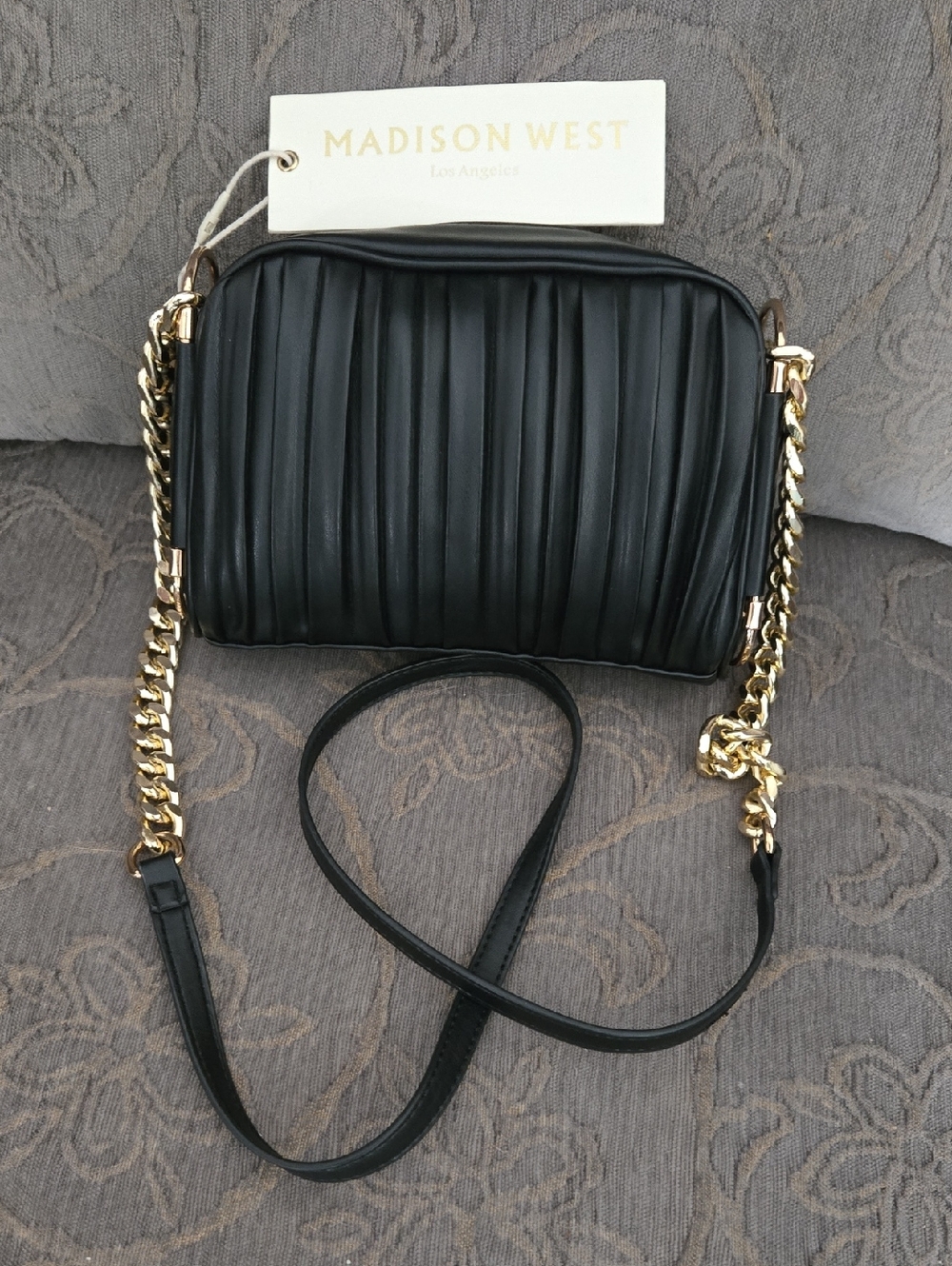 Madison West Black Quilted Mini Crossbody with Gold Chain Strap